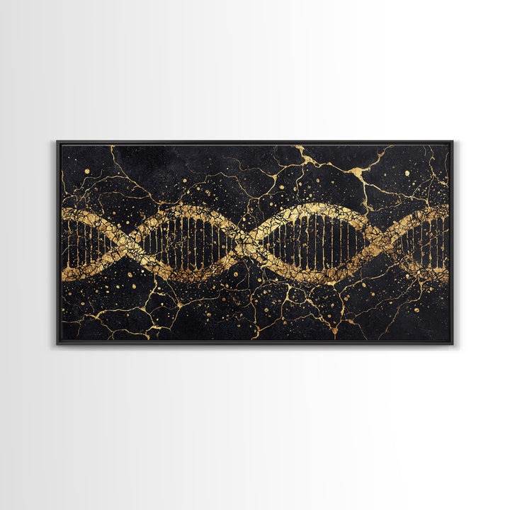 Gold DNA Helix On Black Marble Canvas Print, Science Inspired Abstract Wall Art, Modern Biology Decor, Luxury Office Artwork