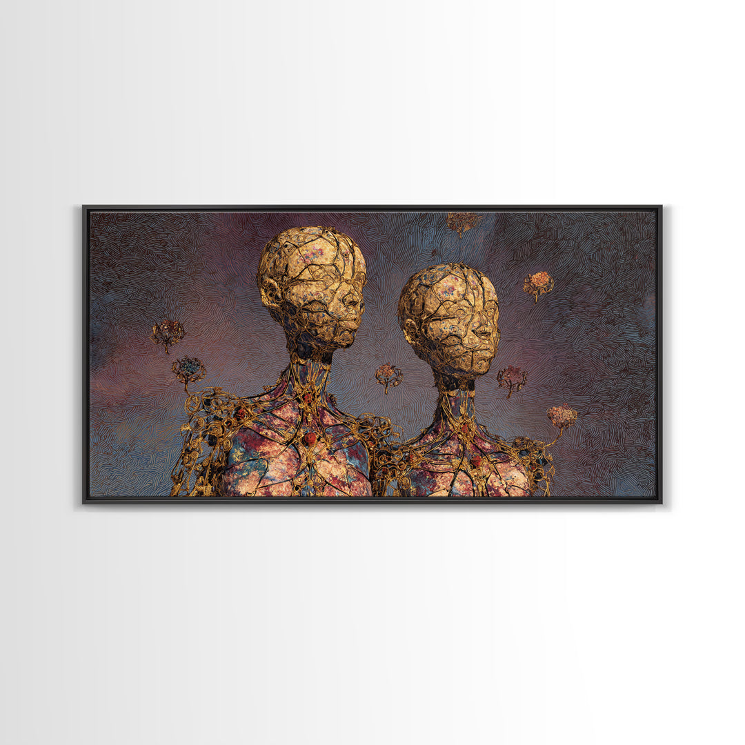 Golden Twin Figures With Floral Orbs Framed Canvas Print, Afrofuturism Decor, Abstract Portrait Wall Art, Luxury Home Decor