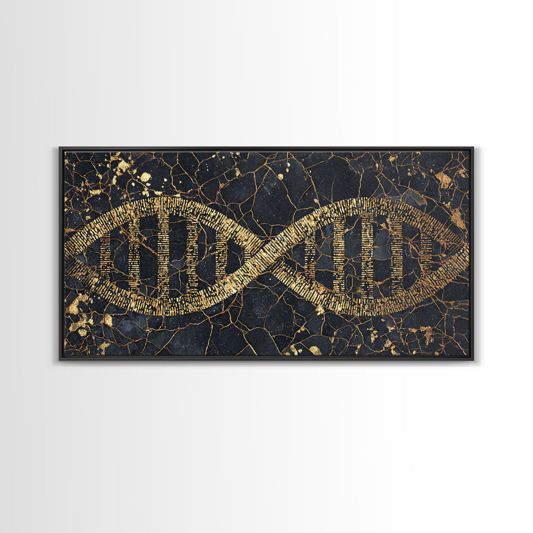 Ancient Gold DNA Strand Canvas Print, Black Marble Science Wall Art, Abstract Biology Decor, Luxury Modern Office Artwork