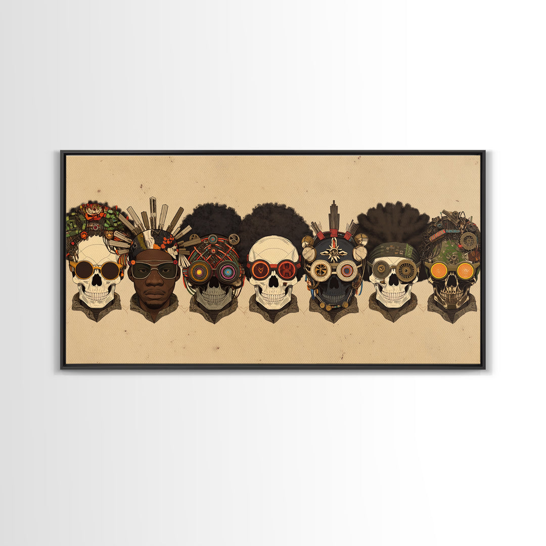 African Skull Lineup With Tribal Headdresses Wall Art, Afrocentric Decor, Cultural Artwork, Bold Canvas Print For Eclectic Home Decor