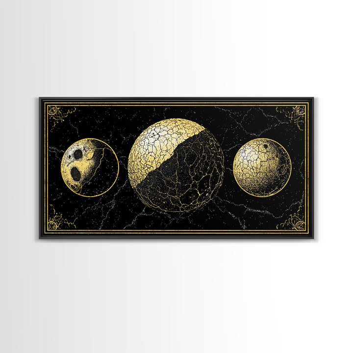 Gold Moon Phase Triptych Wall Art, Black Celestial Canvas Print, Lunar Astronomy Decor, Mystical Black And Gold Home Decor Gift
