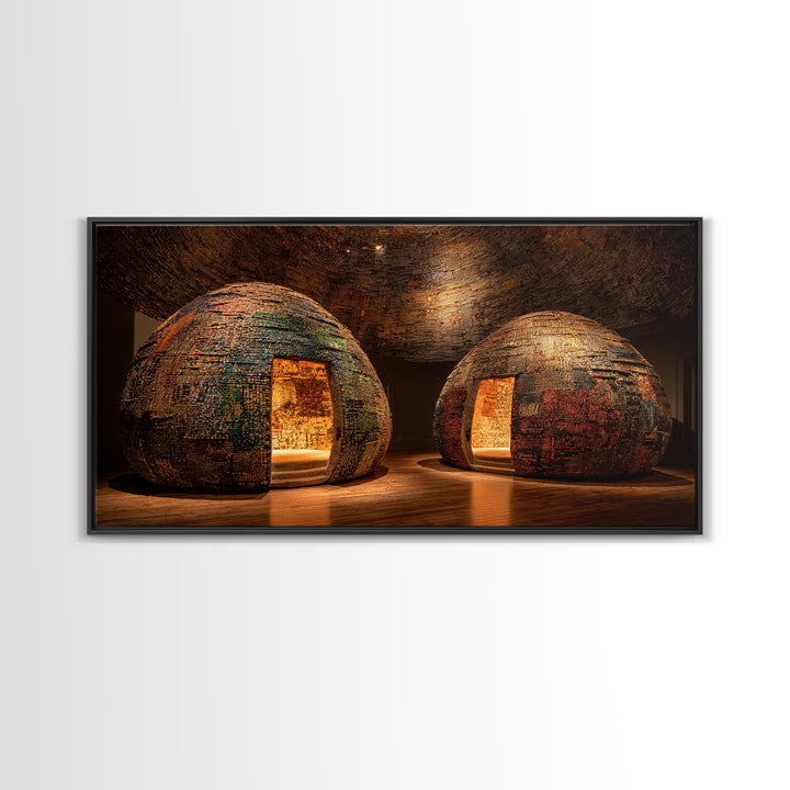 Glowing Woven Dome Huts Framed Canvas Print, Warm Earth Tone Wall Art, African Home Decor, Rustic Decor, Statement Piece