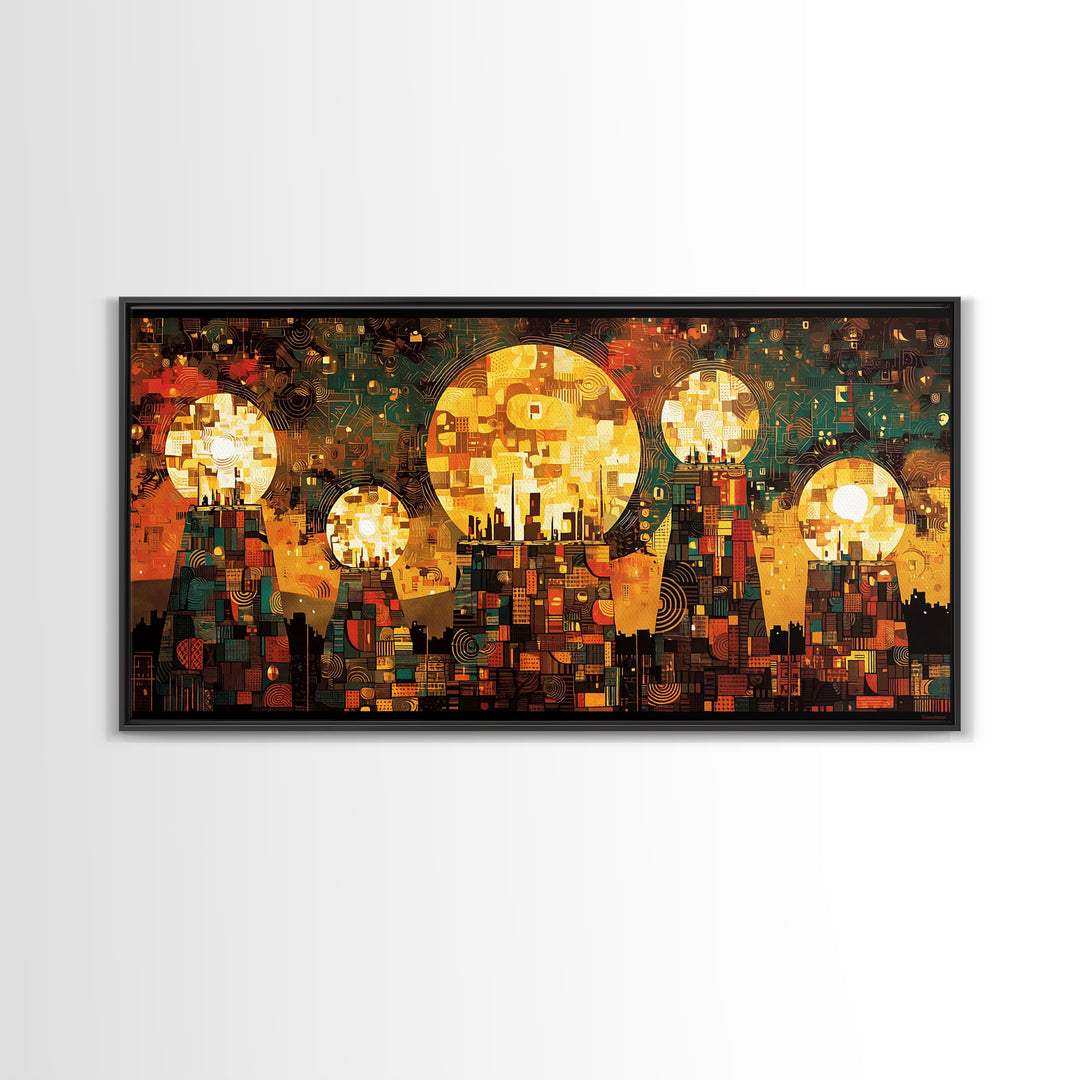 Golden Sun Mosaic City Wall Art, Abstract African Art Decor, Teal And Orange Canvas Print, Cultural Wall Art, Vibrant Decor