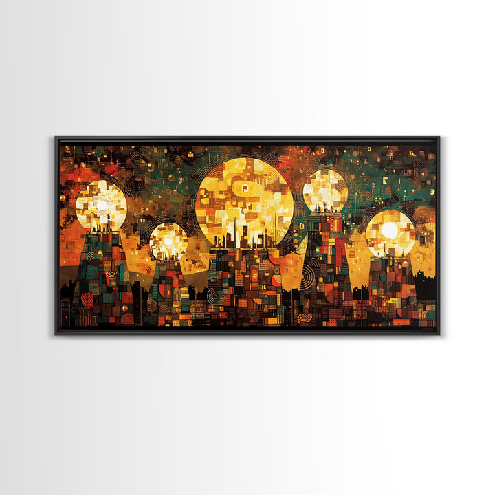 Golden Sun Mosaic City Wall Art, Abstract African Art Decor, Teal And Orange Canvas Print, Cultural Wall Art, Vibrant Decor