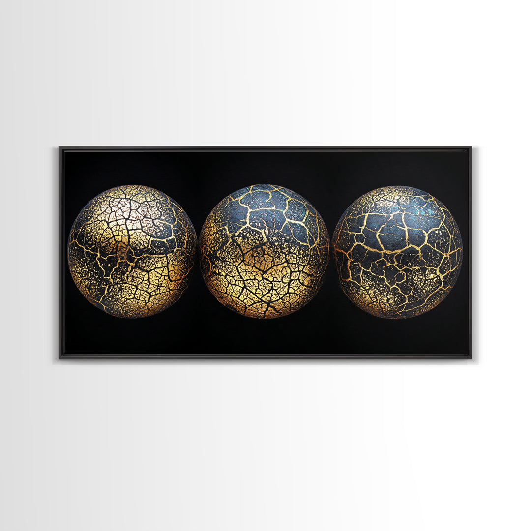 Three Cracked Gold Blue Planets Canvas Print, Celestial Abstract Wall Art, Black And Gold Art, Luxury Canvas Art, Office Decor