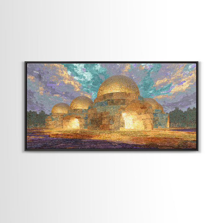 Glowing Golden Dome Palace Canvas Print, Dreamy Wall Art, African Inspired Architecture, Teal And Gold Decor, Elegant Home Art