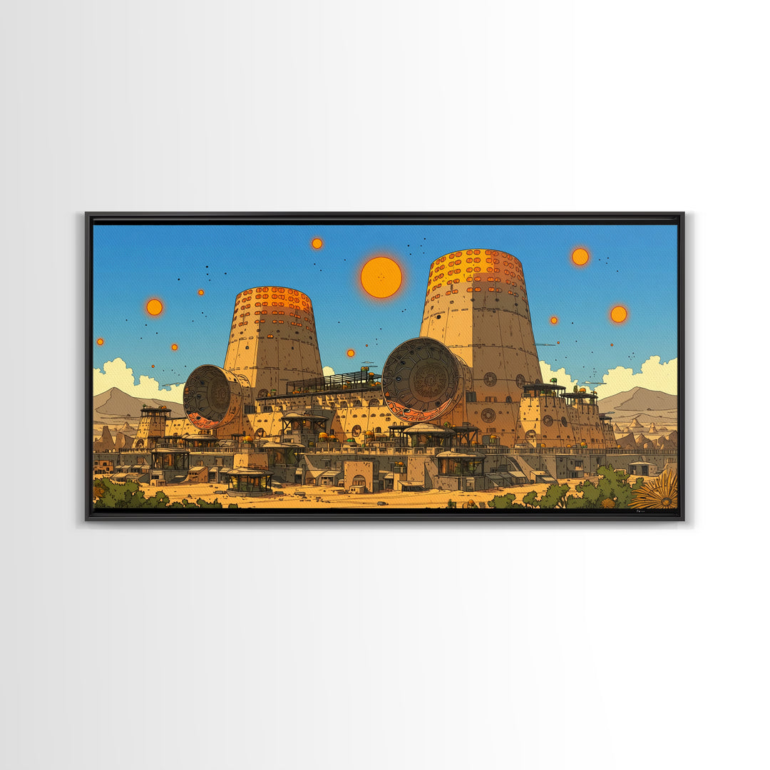 Desert Towers And Orange Suns Wall Art, Sci Fi African Inspired Settlement, Canvas Print, Modern Wall Decor, Unique Home Decor