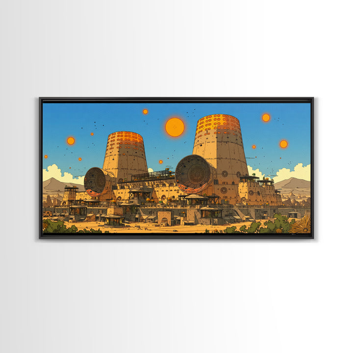 Desert Towers And Orange Suns Wall Art, Sci Fi African Inspired Settlement, Canvas Print, Modern Wall Decor, Unique Home Decor