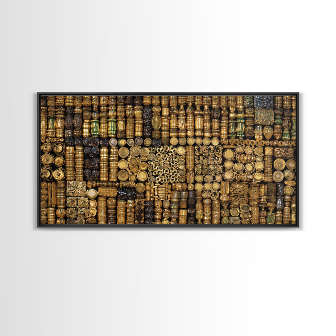 Gold African Bead Mosaic Wall Art, Afrocentric Decor Canvas Print, Tribal Jewelry Pattern, Black Gold Luxury Home Decor Gift