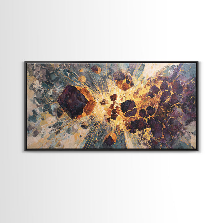 Exploding Gemstone Abstract Wall Art, Modern African Art Canvas Print, Gold Crackle Luxury Decor, Cosmic Statement Artwork