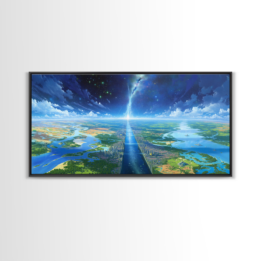 Blue Futuristic Cityscape Wall Art, Dreamy Landscape Canvas Print, Modern Canvas Art, Sci Fi Skyline Living Room Decor Gift