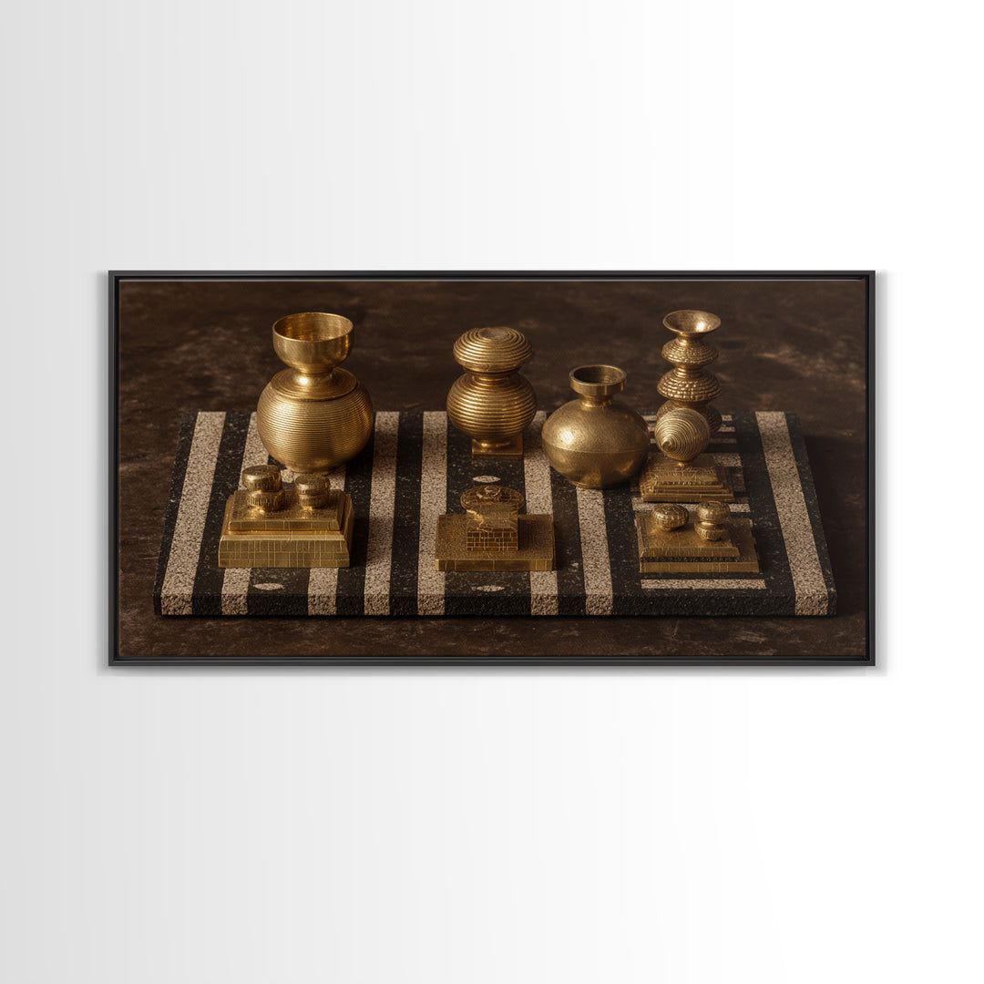 Golden Vessels On Striped Textile Wall Art, African Home Decor Canvas Print, Tribal Gold Still Life, Elegant Office Decor