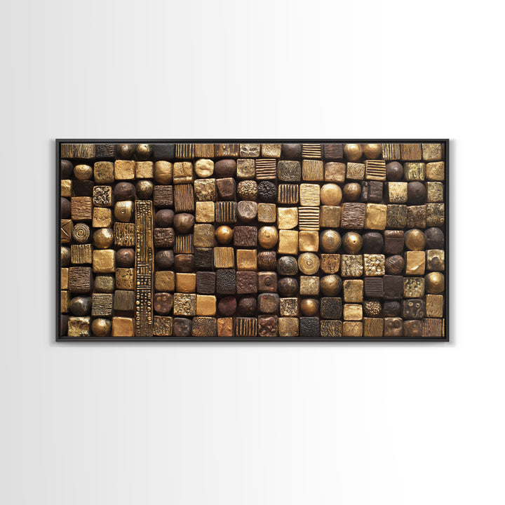 Bronze Gold Textured Mosaic Wall Art, Abstract African Art Canvas Print, Earth Tone Geometric Pattern, Bold Home Decor Gift