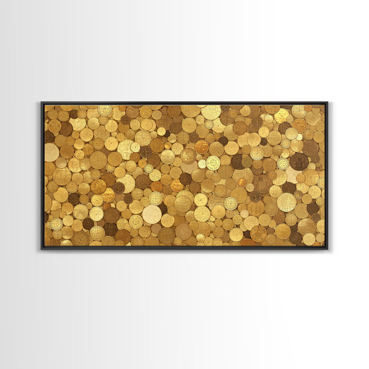 Golden Coin Disc Mosaic Wall Art, African Inspired Canvas Print, Textured Art Print, Gold Circle Pattern Home Decor Gift