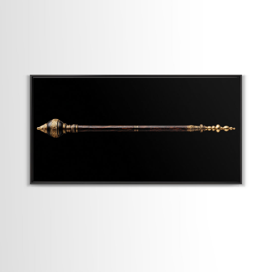 Ornate African Ceremonial Staff Wall Art, Tribal Artifact Canvas Print, Black Gold Scepter, Cultural Statement Decor Gift