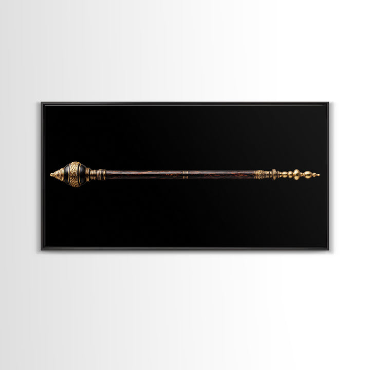 Ornate African Ceremonial Staff Wall Art, Tribal Artifact Canvas Print, Black Gold Scepter, Cultural Statement Decor Gift