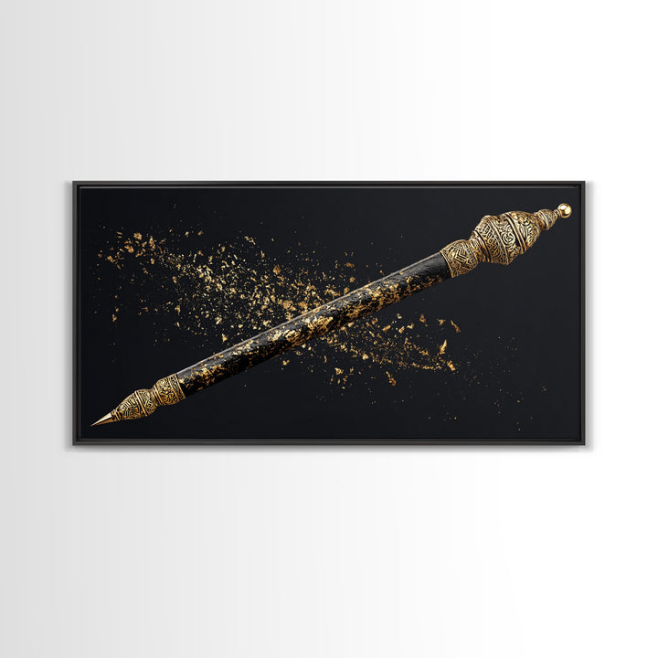 Ornate Black Gold Ceremonial Spear Canvas Print, African Warrior Art, Tribal Wall Decor, Afrocentric Luxury Home Decor Gift