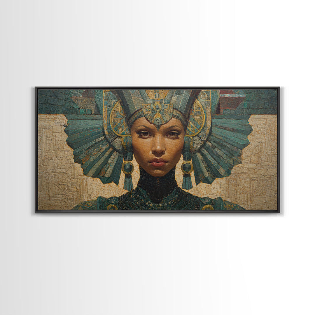 Regal Egyptian Queen Headdress Canvas Print, African Portrait Wall Art, Teal Gold Cultural Decor, Goddess Home Decor Gift