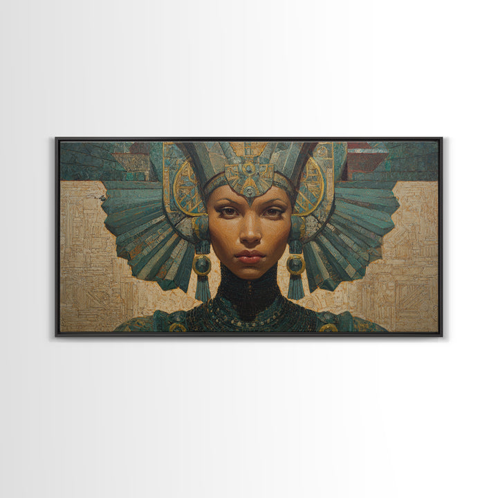 Regal Egyptian Queen Headdress Canvas Print, African Portrait Wall Art, Teal Gold Cultural Decor, Goddess Home Decor Gift