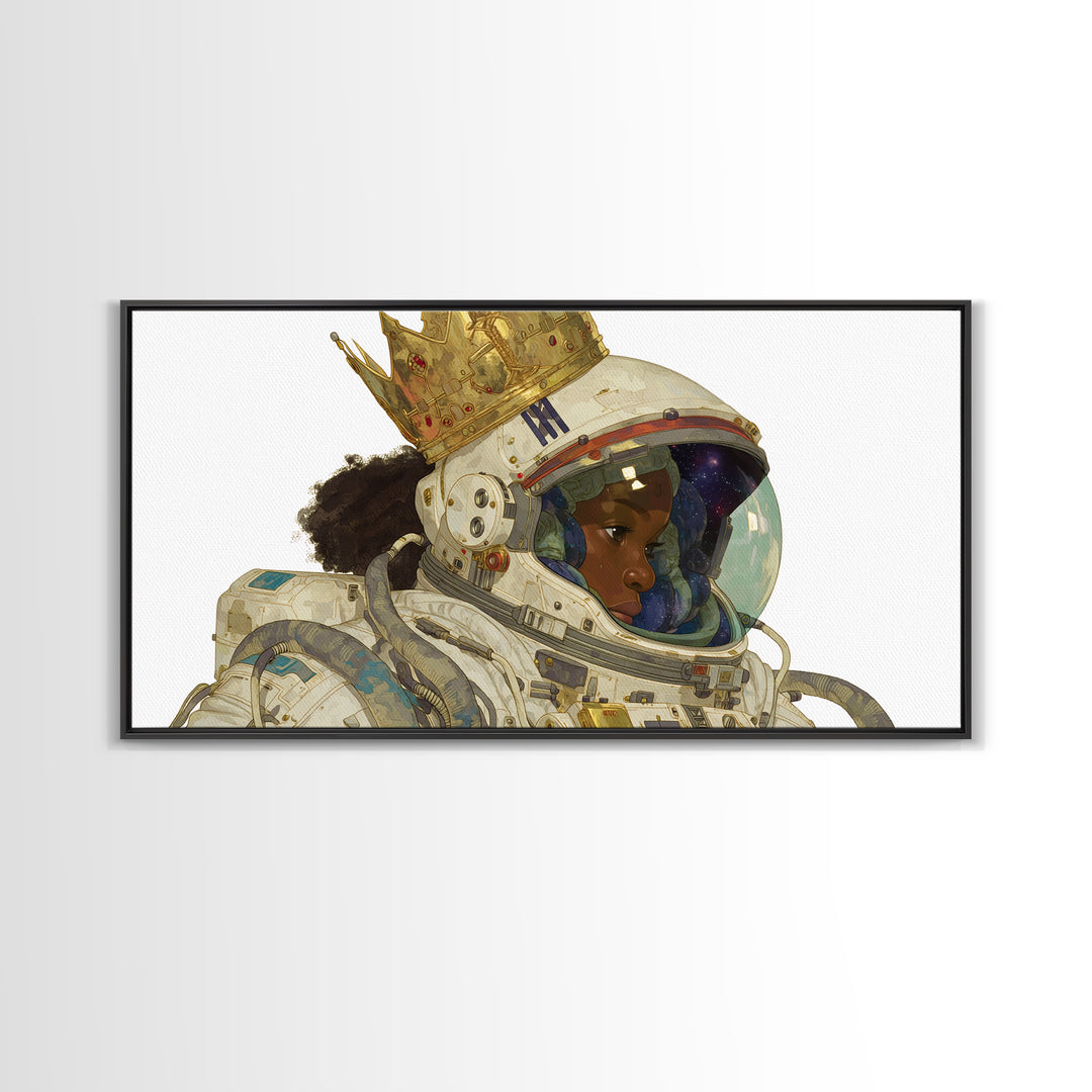 Crowned Black Girl Astronaut Framed Canvas Print, Afrofuturism Wall Art, Black Queen Portrait, Space Galaxy Home Decor Gift