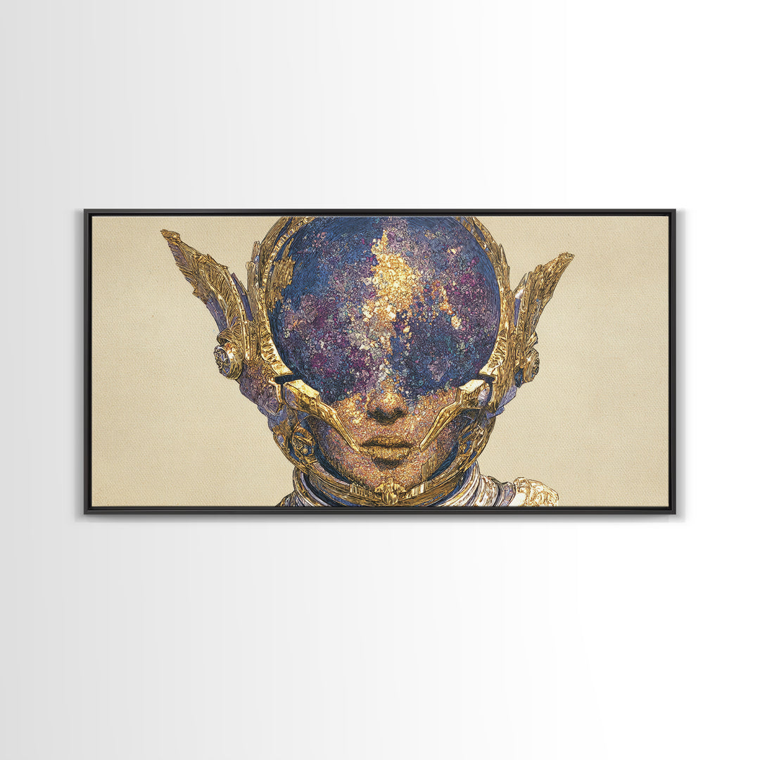 Cosmic Gold Goddess Face Wall Art, African Abstract Portrait, Mystical Afrocentric Decor, Fantasy Figure Luxury Canvas Print