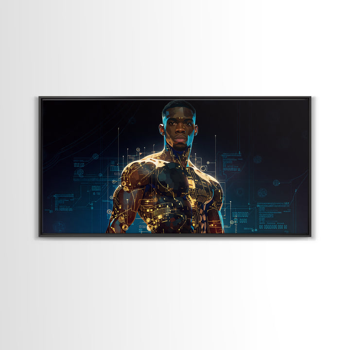 Powerful Black Cyborg Warrior Wall Art, Afrofuturism Decor, African American Art, Futuristic Tech Portrait Canvas Print Gift