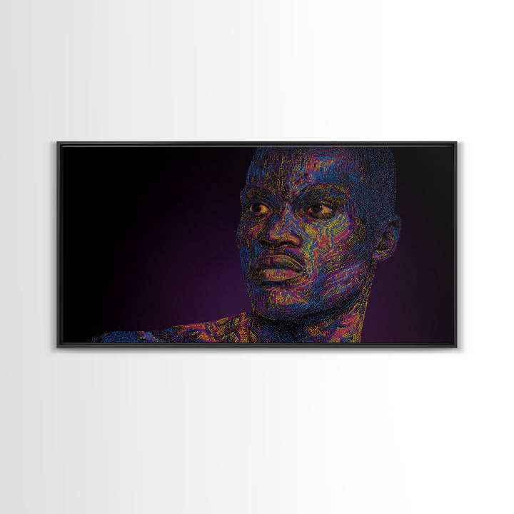 Neon Pointillist Black Man Portrait Canvas Print, African American Wall Art, Digital Afro Art, Modern Masculine Home Decor