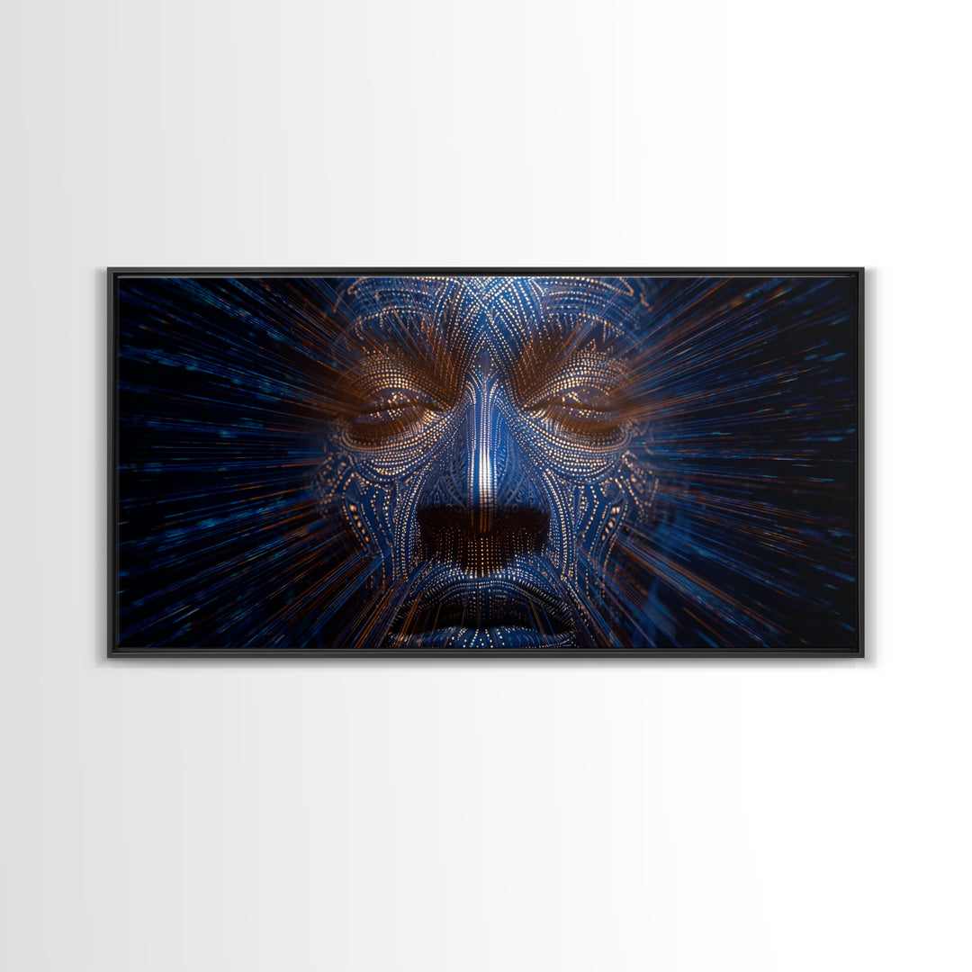 Blue Orange Digital Tribal Face Wall Art, African Mask Art, Afrofuturism Decor, Abstract Black Art, Statement Canvas Print