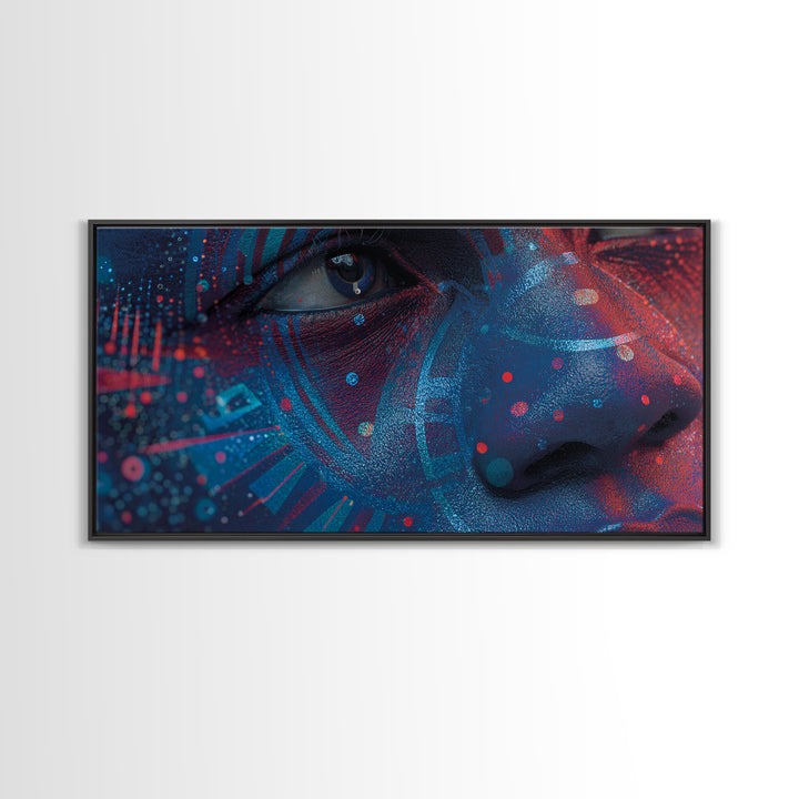 Blue Red Afro Futurist Face Close Up Wall Art, African Portrait, Black Beauty Art, Tribal Art Decor, Modern Canvas Print