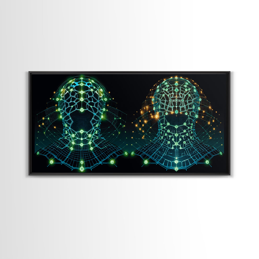 Glowing Cyber African Masks Canvas Print, Afrofuturism Decor, Tribal Mask Art, Digital Wall Art, Afrocentric Home Decor Gift