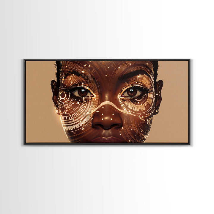 Golden Circuit African Woman Portrait Framed Canvas Print, Black Female Art, Afrocentric Wall Art, Luxury Canvas Art Decor
