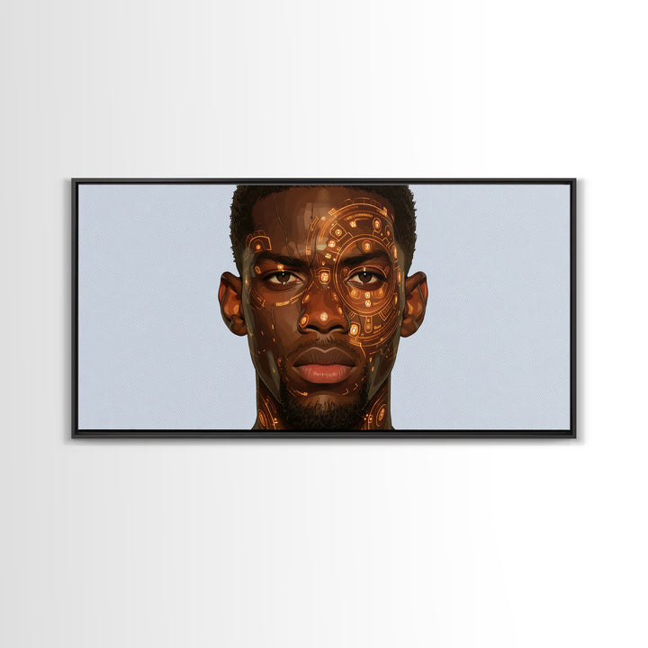 Orange Cyber Tribal Black Man Portrait Wall Art, African Portrait, Black Man Wall Art, Afrocentric Decor, Modern Canvas Art