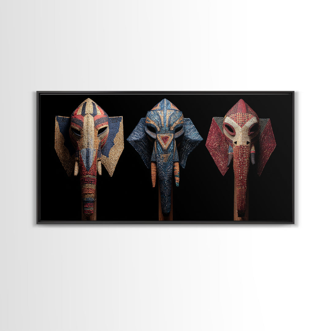 Three Beaded Elephant Tribal Masks Framed Canvas Print, African Mask Art, Safari Wall Art, Colorful African Art Decor Gift