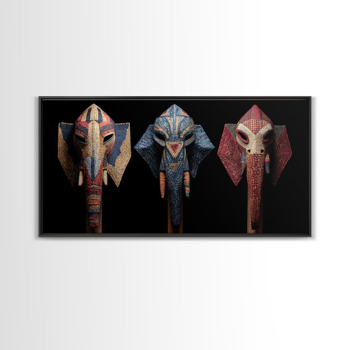 Three Beaded Elephant Tribal Masks Framed Canvas Print, African Mask Art, Safari Wall Art, Colorful African Art Decor Gift