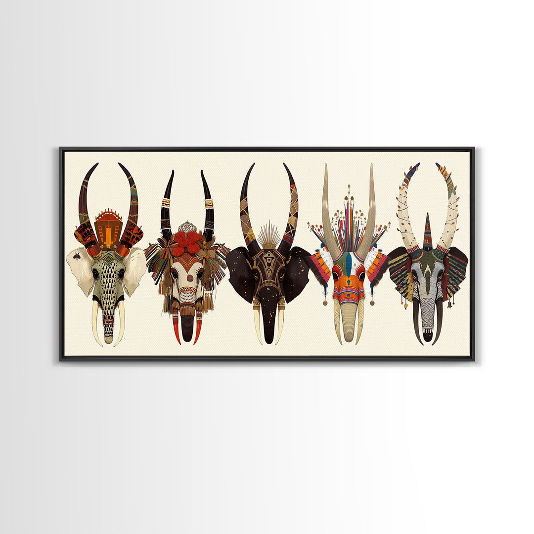 Horned African Animal Skull Masks Wall Art, Tribal Mask Art, African Safari Art, Cultural Wall Decor, Statement Piece Gift