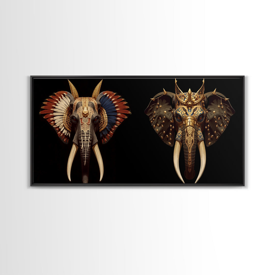 Ornate African Elephant Mask Wall Art, Gold Tribal Safari Decor, Afrocentric Animal Artwork, Luxury Canvas Print For Home