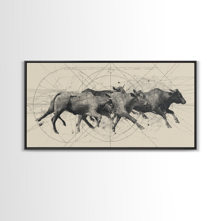 Running African Cattle Sketch Wall Art, Beige Ink Herd Drawing, Rustic Farmhouse Decor, Textured Canvas Print For Office