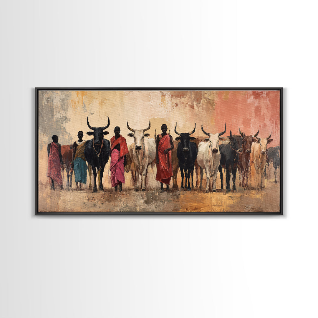 Maasai Herders With Longhorn Cattle Framed Canvas Print, African Safari Wall Art, Earth Tone Tribal Living Room Decor Gift
