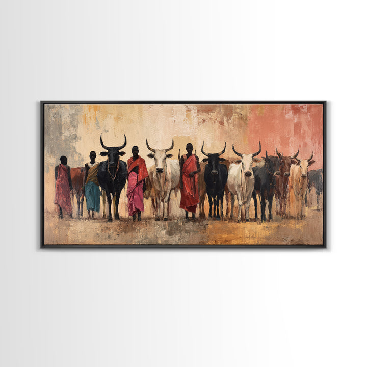 Maasai Herders With Longhorn Cattle Framed Canvas Print, African Safari Wall Art, Earth Tone Tribal Living Room Decor Gift