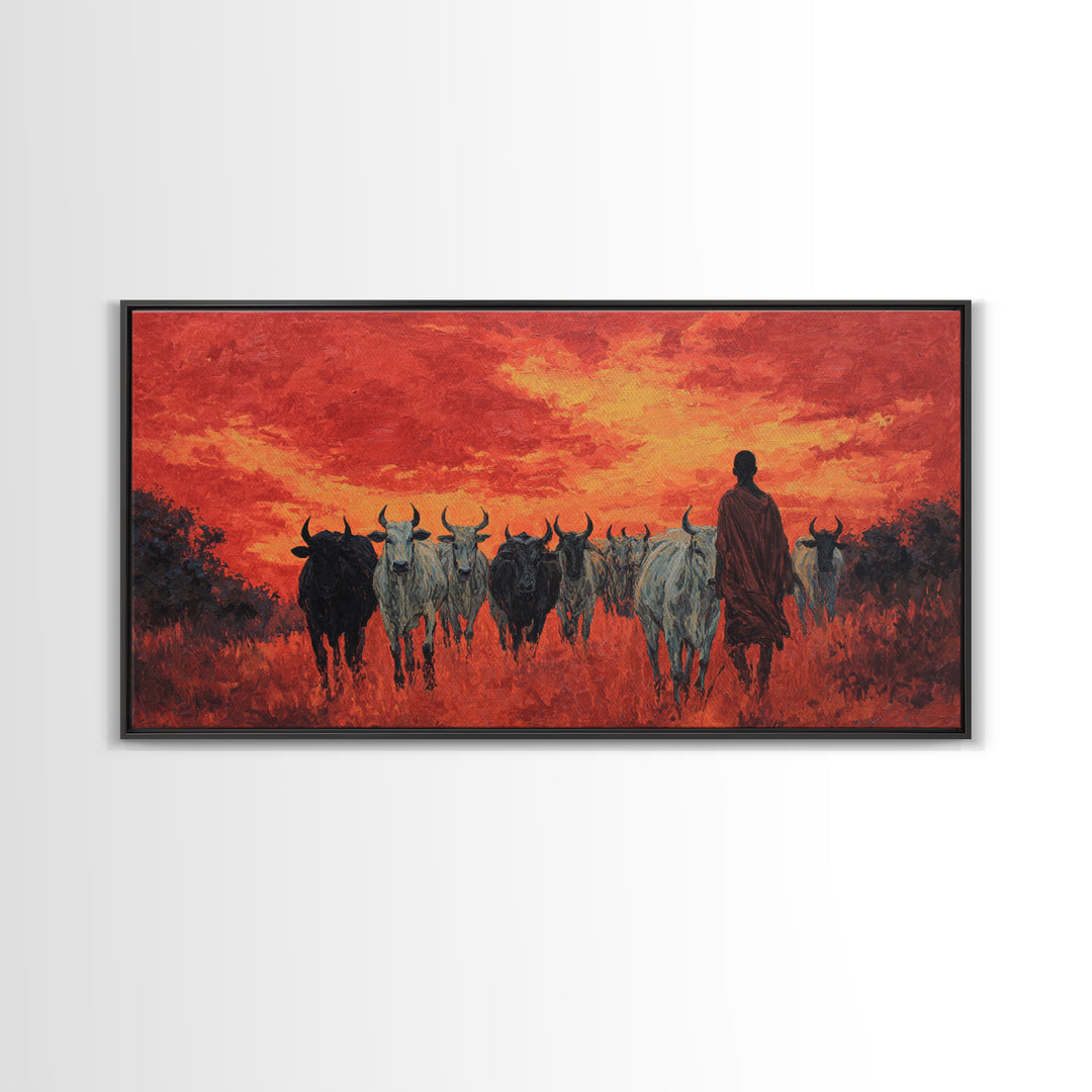 Red Sunset Cattle Drive Wall Art, Maasai Herder Safari Painting, African Landscape Decor, Dramatic Canvas Print For Home