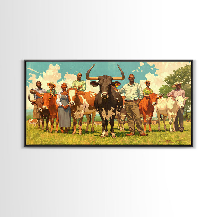 African Family With Cattle Wall Art, Sunny Pasture Portrait, Afrocentric Farm Decor, Vibrant Canvas Print For Living Room