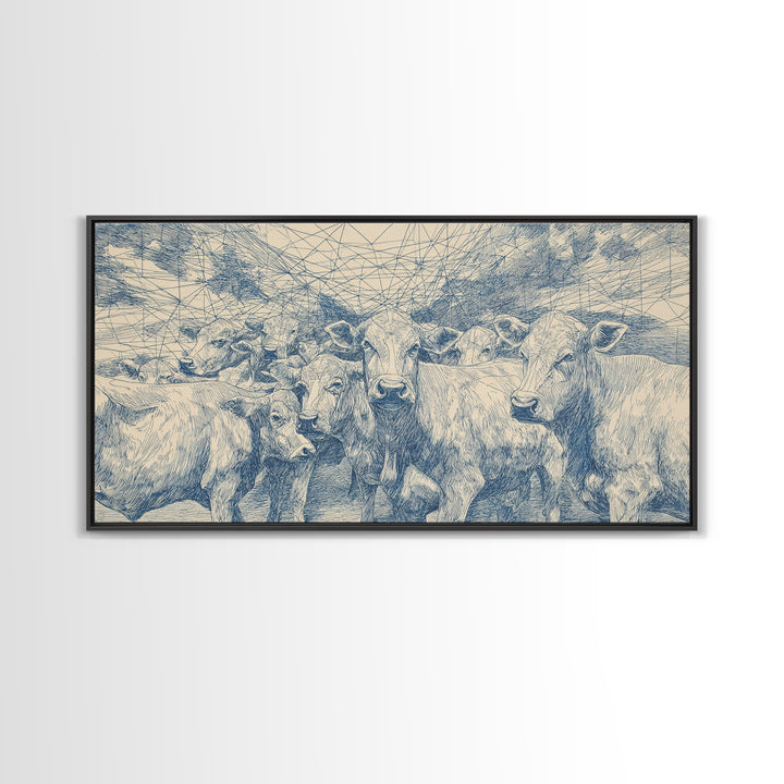 Blue Ink Cattle Herd Wall Art, African Pastoral Drawing, Geometric Farm Animal Decor, Minimalist Canvas Print For Office