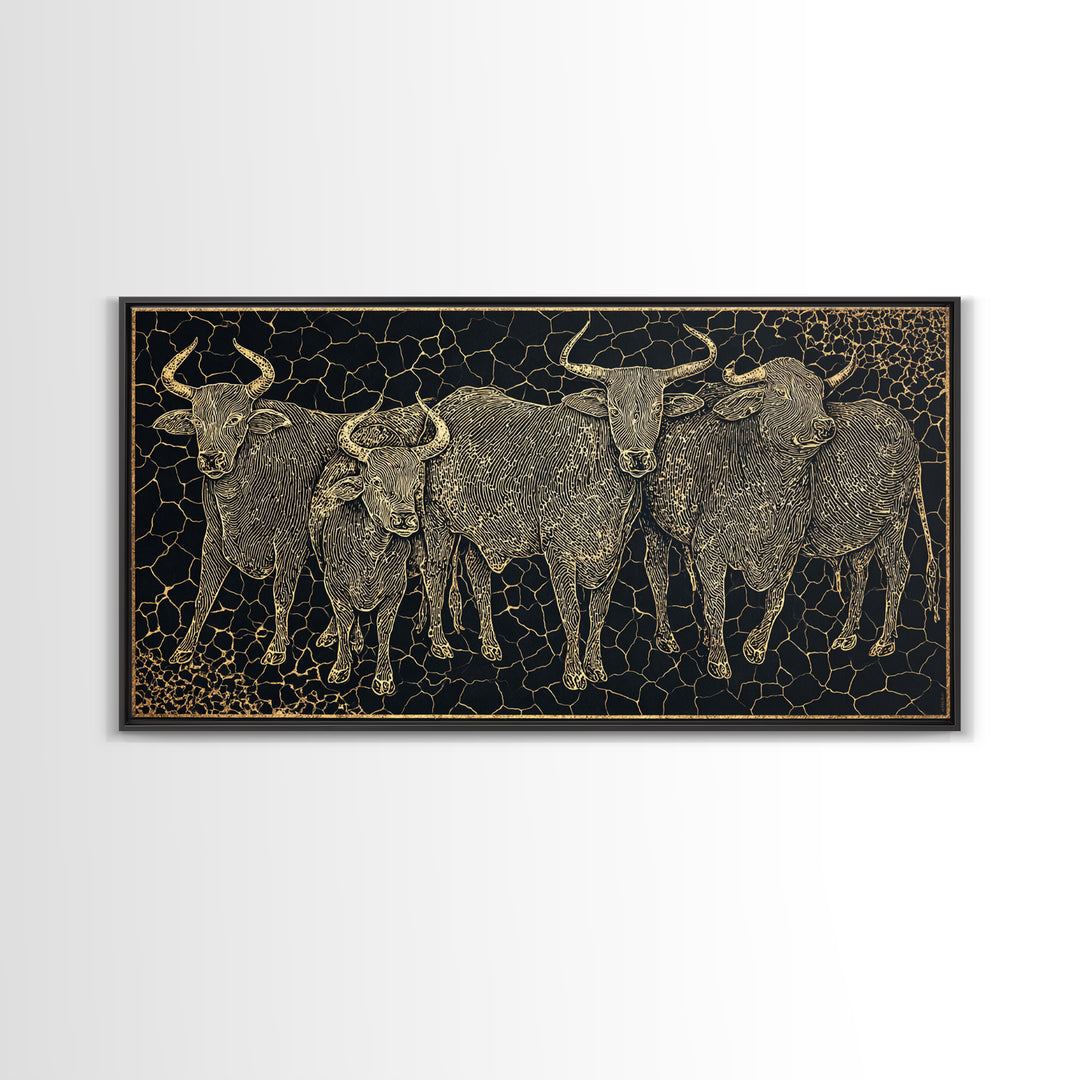 Gold Line Cattle Herd Wall Art, Black Mosaic Tribal Animal Illustration, African Farm Decor, Premium Canvas Print For Home