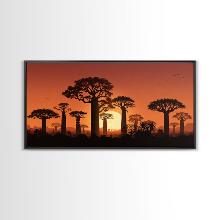 Baobab Trees At Orange Sunset Wall Art, African Landscape Silhouette, Madagascar Safari Decor, Warm Canvas Print For Home