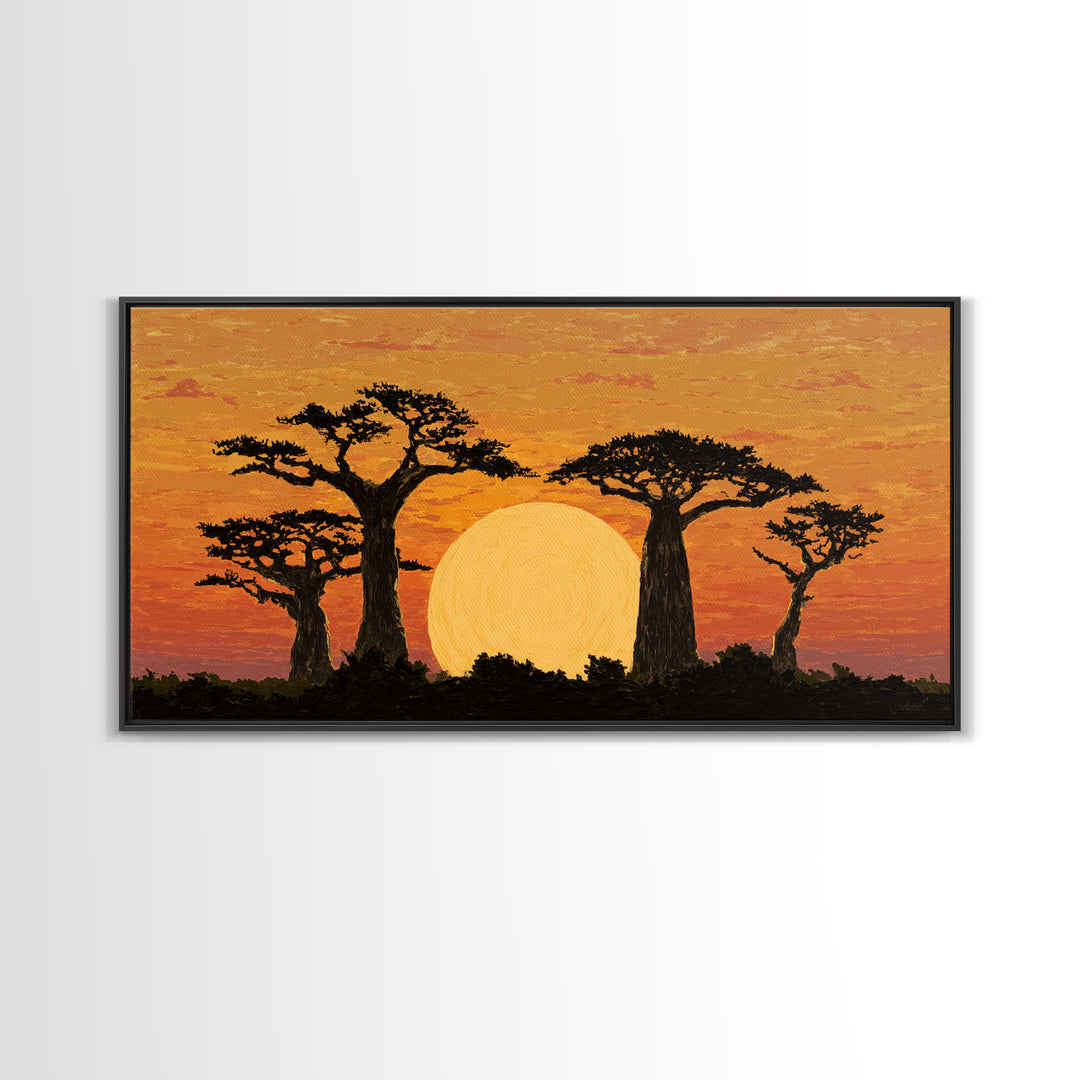 Golden Baobab Sunset Silhouette Wall Art, African Landscape Canvas Decor, Safari Tree Print, Warm Orange Living Room Gift