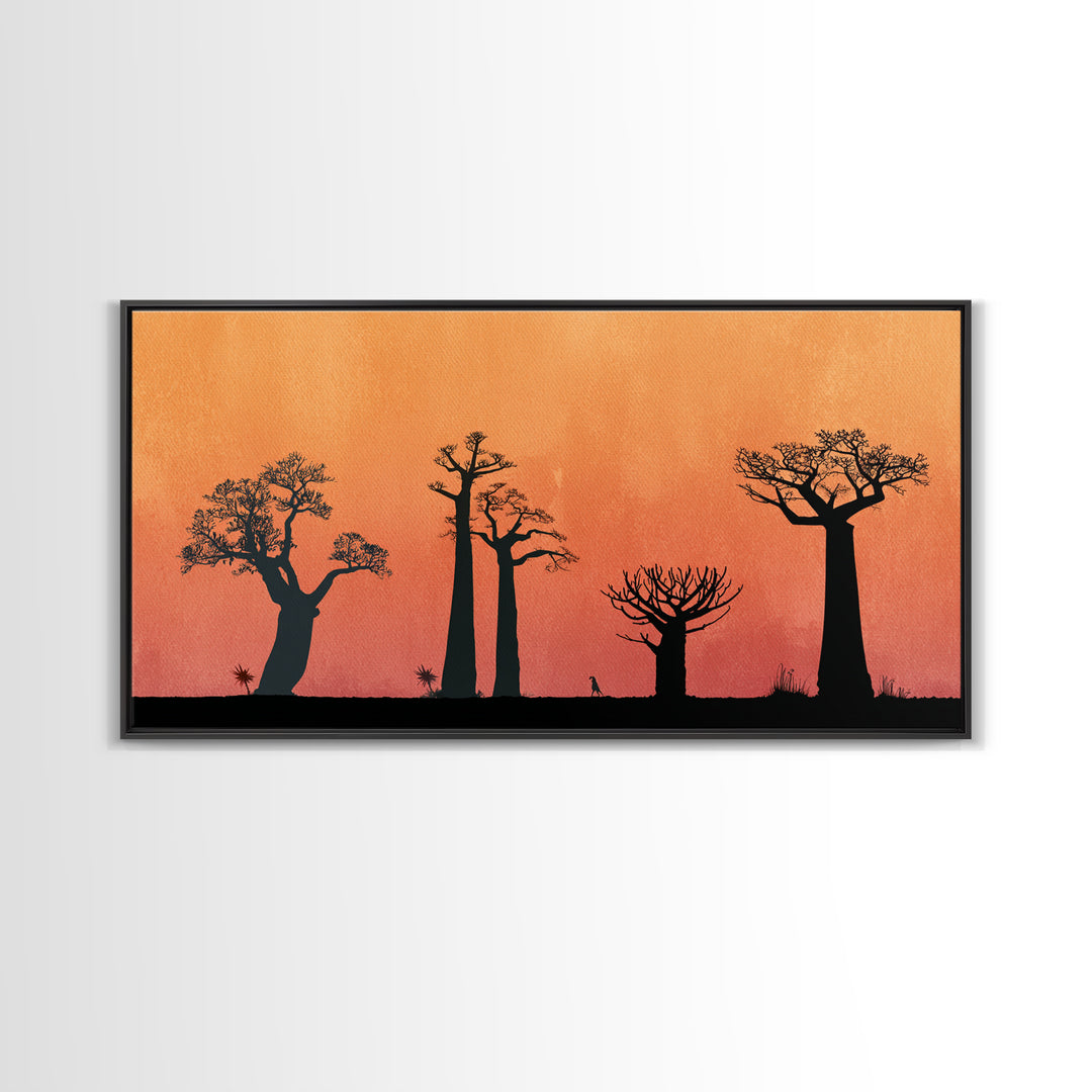 Minimal Baobab Grove Silhouette Canvas Print, African Landscape Wall Decor, Orange Sunset Safari Art, Boho Home Decor Gift