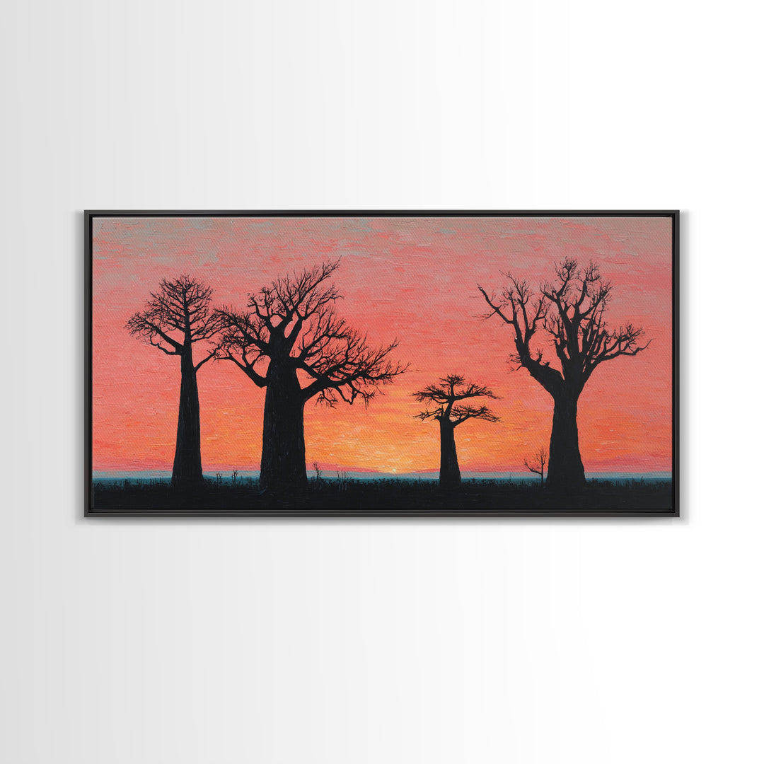 Coral Baobab Tree Silhouette Wall Art, African Landscape Print, Pink Sunset Safari Decor, Modern Canvas Gift For Home Decor