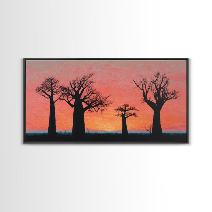 Coral Baobab Tree Silhouette Wall Art, African Landscape Print, Pink Sunset Safari Decor, Modern Canvas Gift For Home Decor