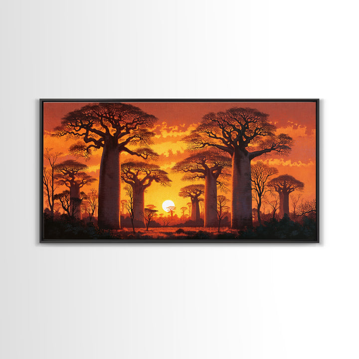 Fiery Baobab Avenue At Sunset Framed Canvas Print, African Safari Landscape Wall Decor, Dramatic Orange Statement Art Gift