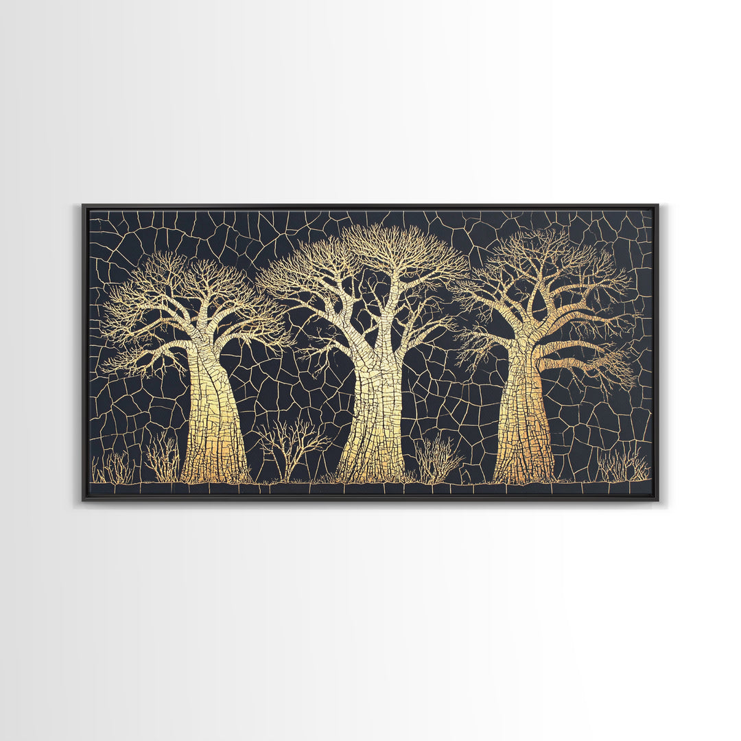 Gold Mosaic Baobab Forest Wall Art, African Tree Canvas Decor, Black And Gold Geometric Safari Print, Luxury Home Decor Gift